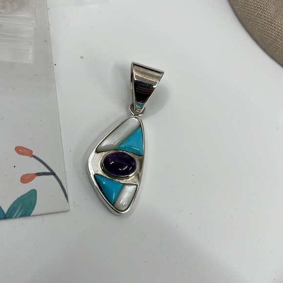 🌊 Jay King Mine Finds 925 Silver Turquoise, Amethyst & MOP Eye Pendant - Picture 3 of 10